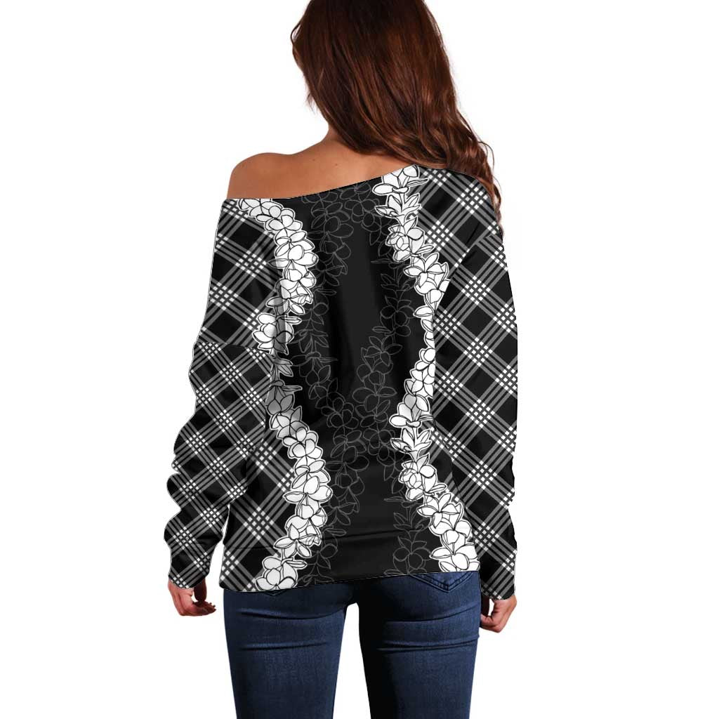Hawaii Aloha Plumeria Lei Black Palaka Off Shoulder Sweater - Polynesian Pride