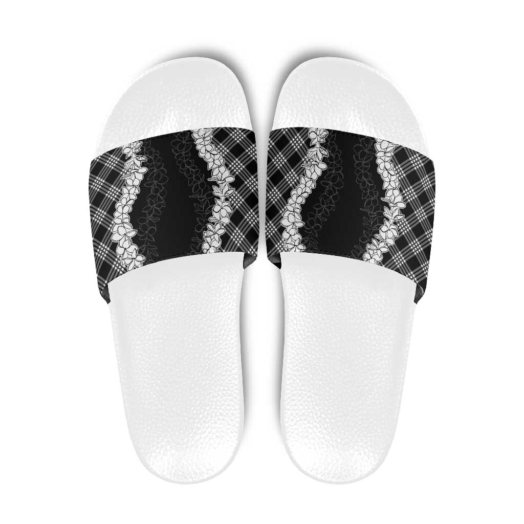 Hawaii Aloha Plumeria Lei Black Palaka Slide Sandals - Polynesian Pride