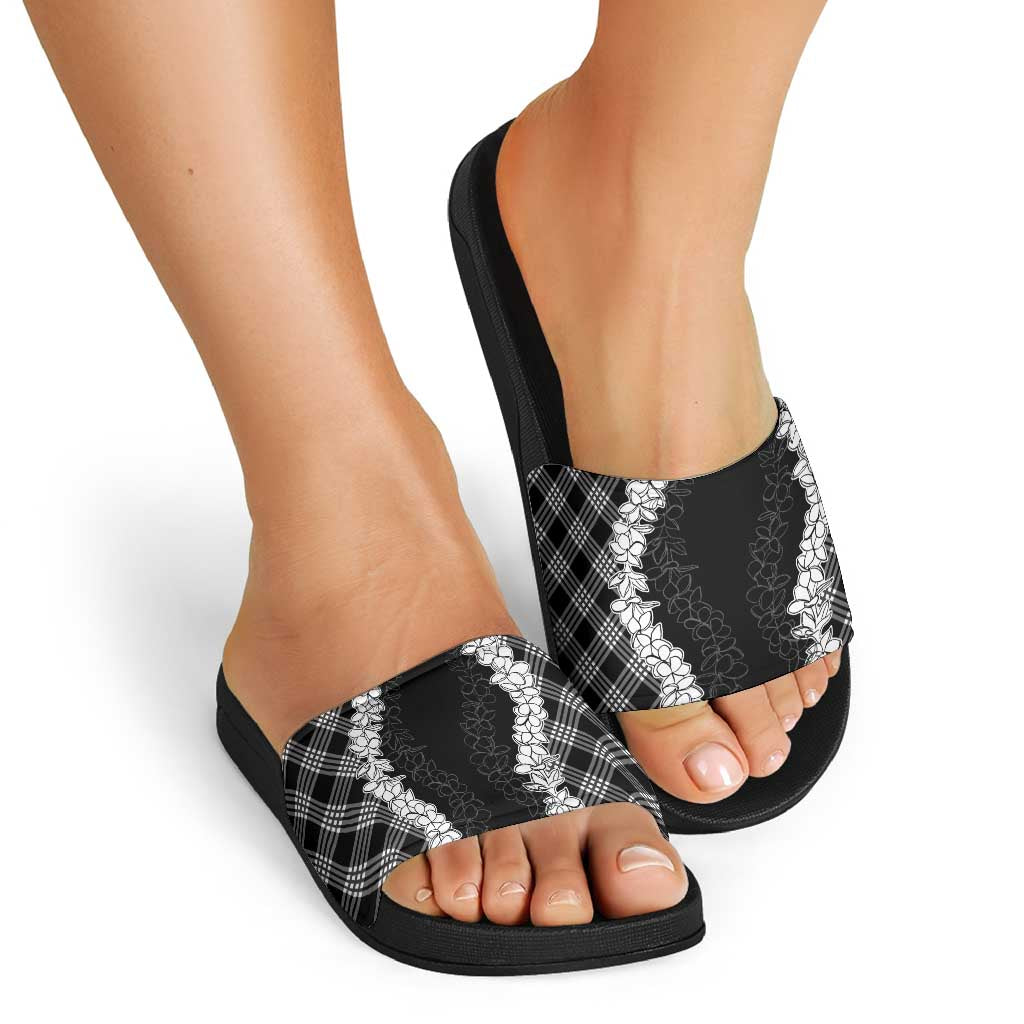 Hawaii Aloha Plumeria Lei Black Palaka Slide Sandals - Polynesian Pride