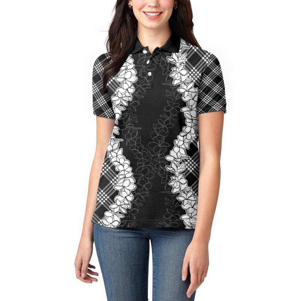 Hawaii Aloha Plumeria Lei Black Palaka Women Polo Shirt - Polynesian Pride