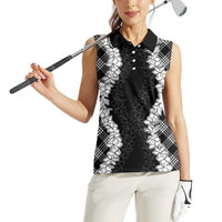 Hawaii Aloha Plumeria Lei Black Palaka Women Sleeveless Polo Shirt LT7 - Polynesian Pride