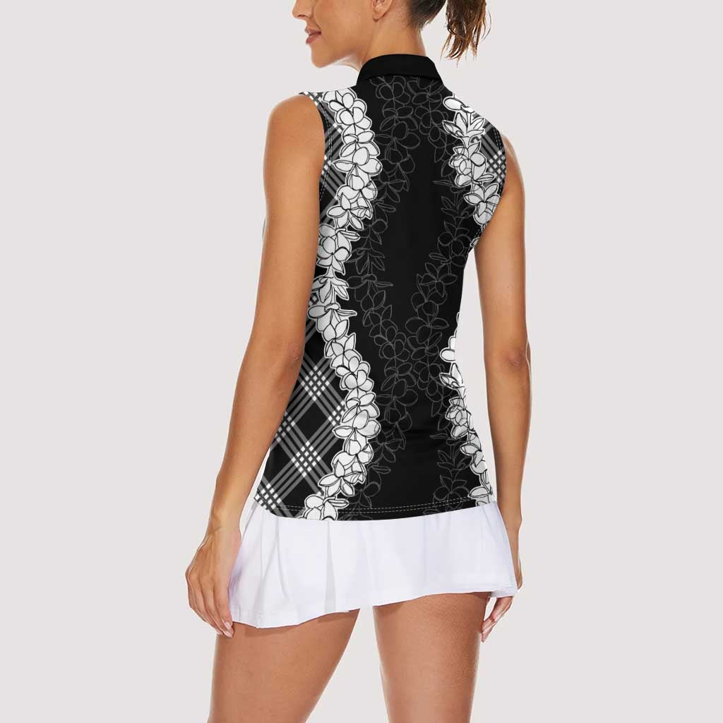 Hawaii Aloha Plumeria Lei Black Palaka Women Sleeveless Polo Shirt LT7 - Polynesian Pride