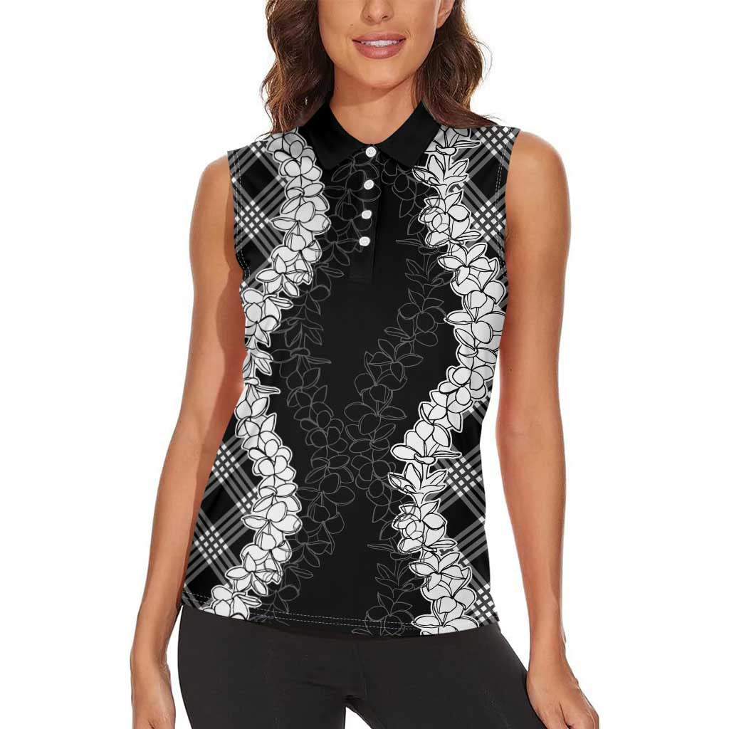 Hawaii Aloha Plumeria Lei Black Palaka Women Sleeveless Polo Shirt LT7 - Polynesian Pride