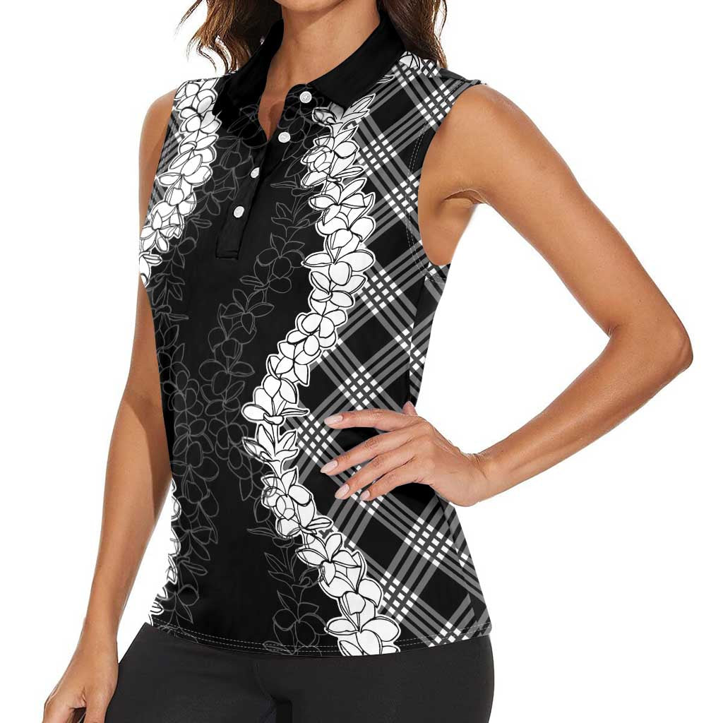 Hawaii Aloha Plumeria Lei Black Palaka Women Sleeveless Polo Shirt LT7 - Polynesian Pride