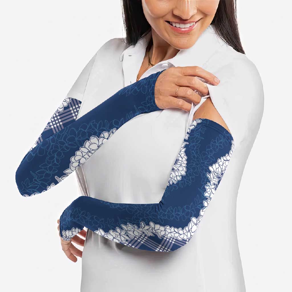 Hawaii Aloha Plumeria Lei Navy Palaka Arm Sleeves - Polynesian Pride
