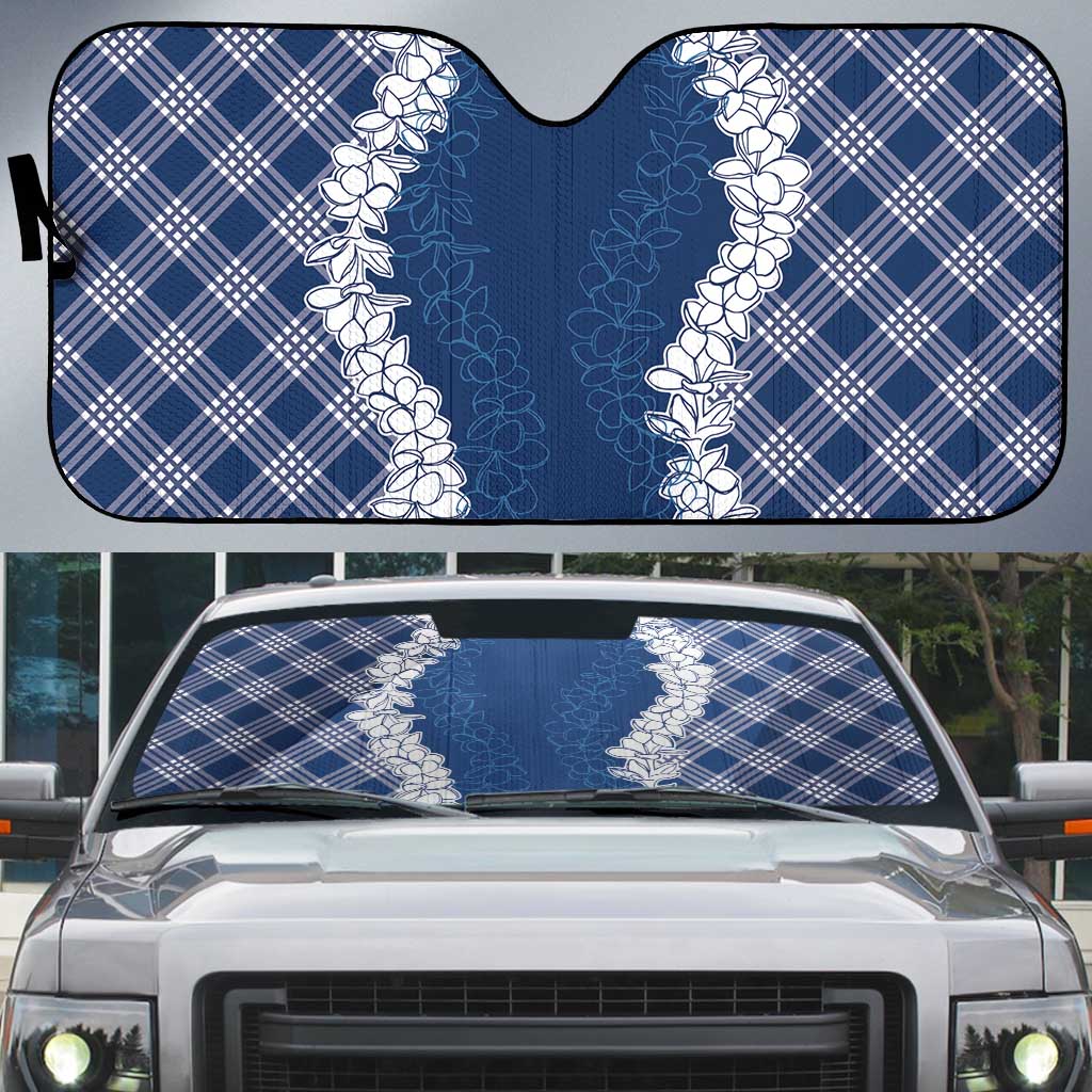 Hawaii Aloha Plumeria Lei Navy Palaka Auto Sun Shade LT7 Navy Blue - Polynesian Pride