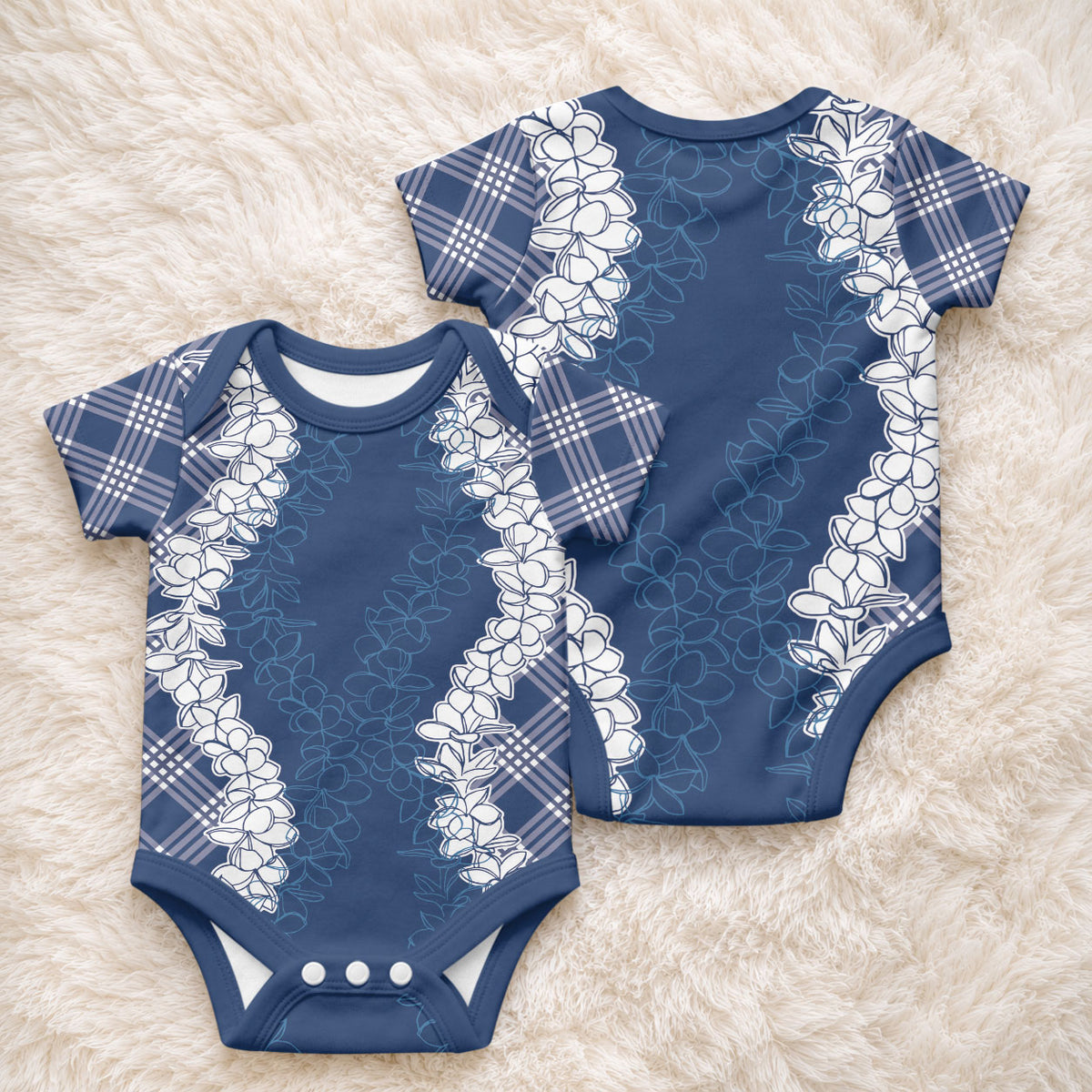 Hawaii Aloha Plumeria Lei Navy Palaka Baby Onesie