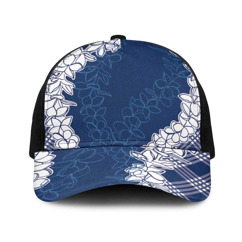 Hawaii Aloha Plumeria Lei Navy Palaka Baseball Net Cap - Polynesian Pride
