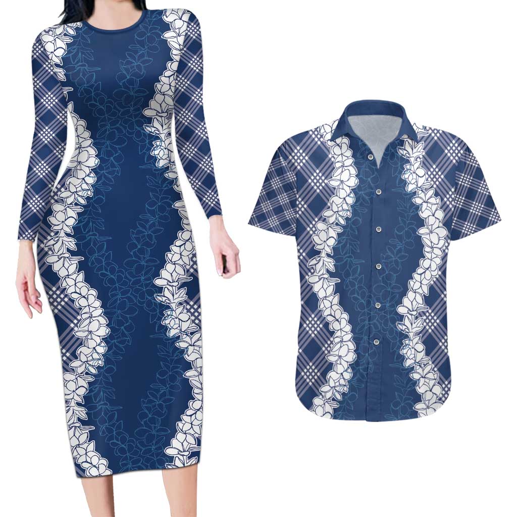 Hawaii Aloha Plumeria Lei Navy Palaka Couples Matching Long Sleeve Bodycon Dress and Hawaiian Shirt LT7 Navy Blue - Polynesian Pride