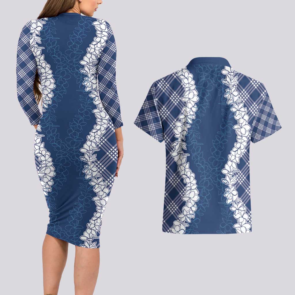 Hawaii Aloha Plumeria Lei Navy Palaka Couples Matching Long Sleeve Bodycon Dress and Hawaiian Shirt LT7 - Polynesian Pride