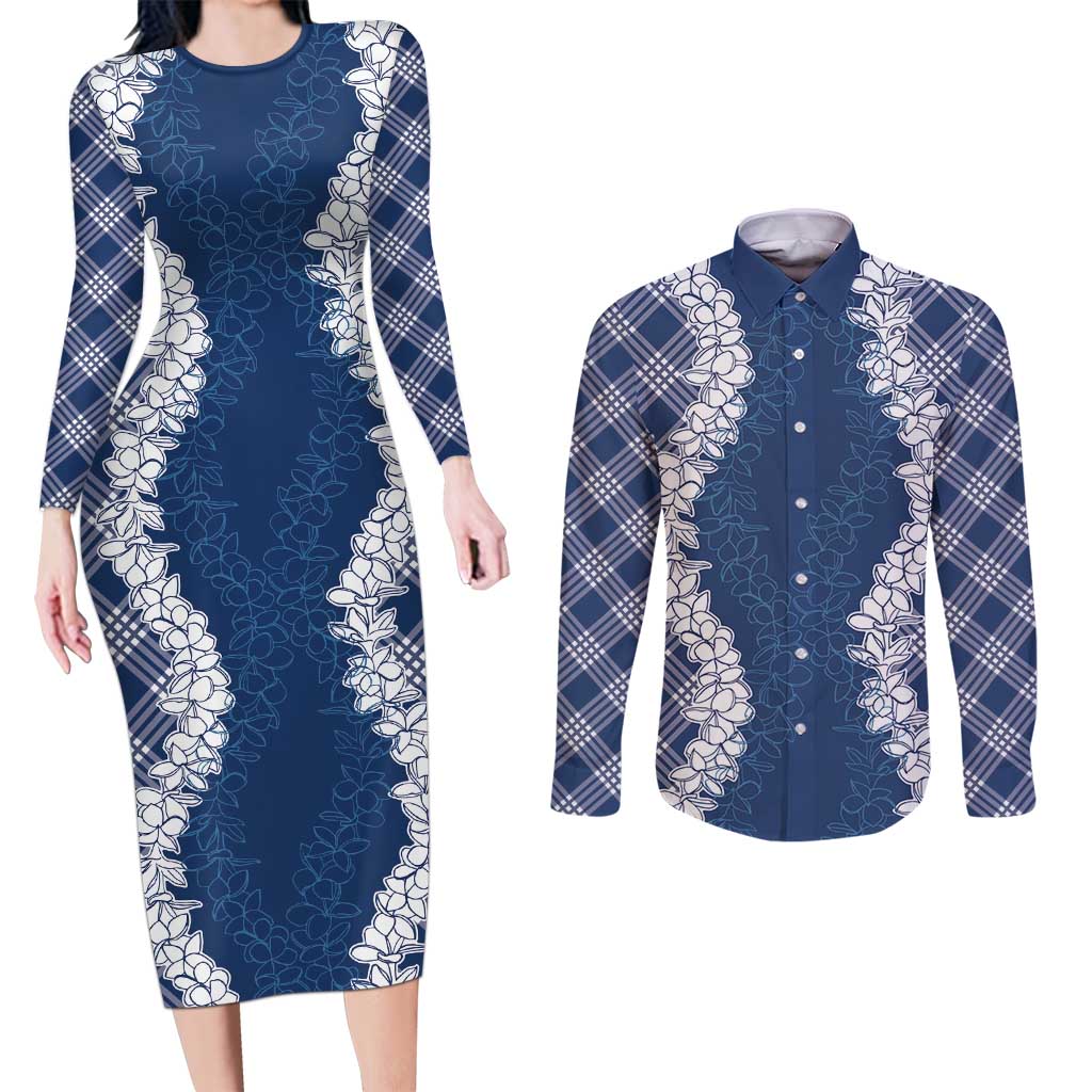 Hawaii Aloha Plumeria Lei Navy Palaka Couples Matching Long Sleeve Bodycon Dress and Long Sleeve Button Shirt LT7 Navy Blue - Polynesian Pride