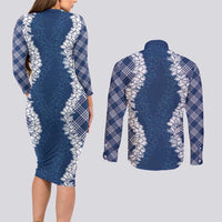 Hawaii Aloha Plumeria Lei Navy Palaka Couples Matching Long Sleeve Bodycon Dress and Long Sleeve Button Shirt LT7 - Polynesian Pride