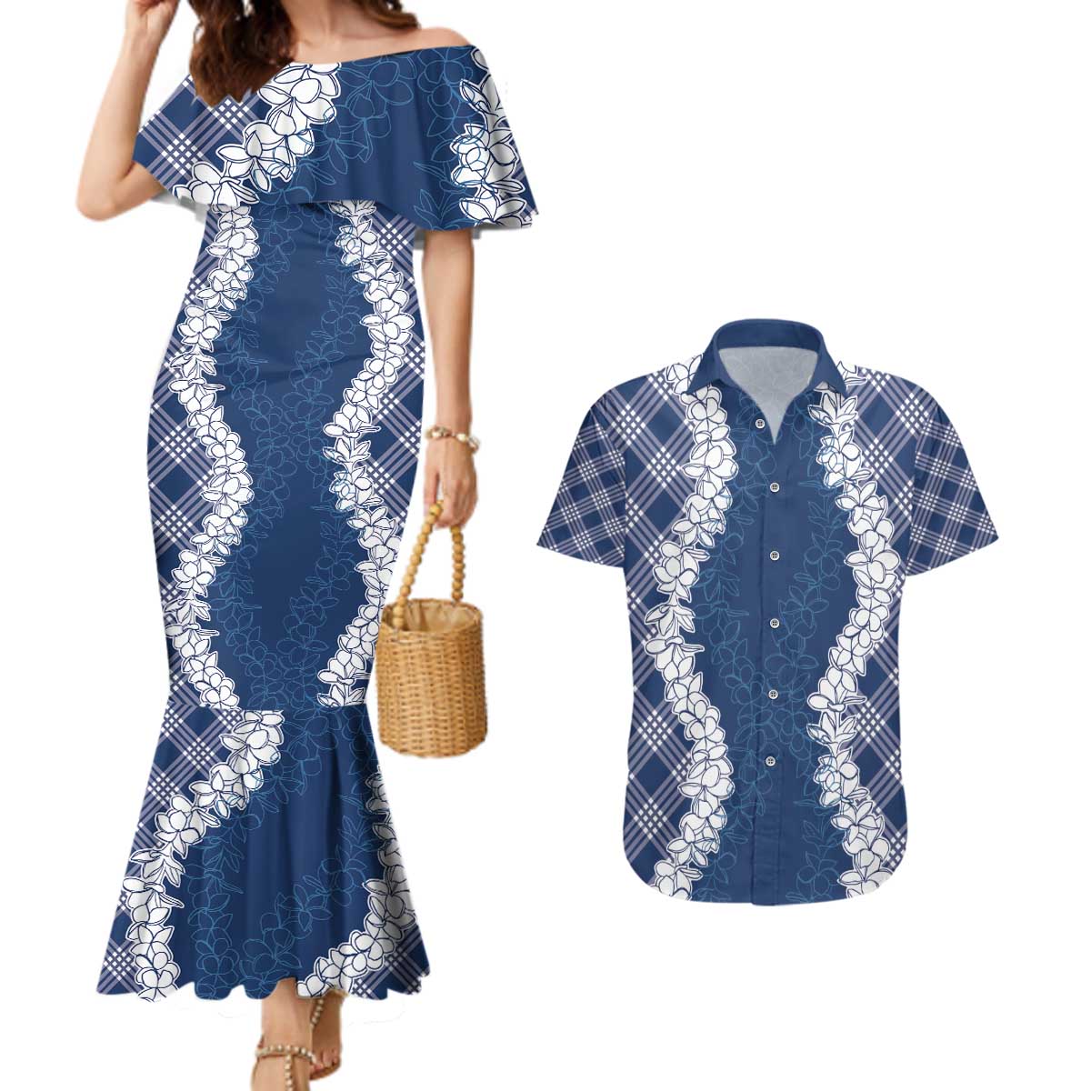 Hawaii Aloha Plumeria Lei Navy Palaka Couples Matching Mermaid Dress and Hawaiian Shirt LT7 Navy Blue - Polynesian Pride