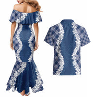 Hawaii Aloha Plumeria Lei Navy Palaka Couples Matching Mermaid Dress and Hawaiian Shirt LT7 - Polynesian Pride