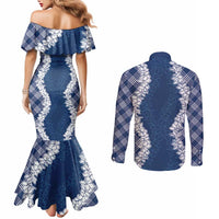 Hawaii Aloha Plumeria Lei Navy Palaka Couples Matching Mermaid Dress and Long Sleeve Button Shirt LT7 - Polynesian Pride