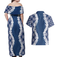 Hawaii Aloha Plumeria Lei Navy Palaka Couples Matching Off Shoulder Maxi Dress and Hawaiian Shirt LT7 - Polynesian Pride