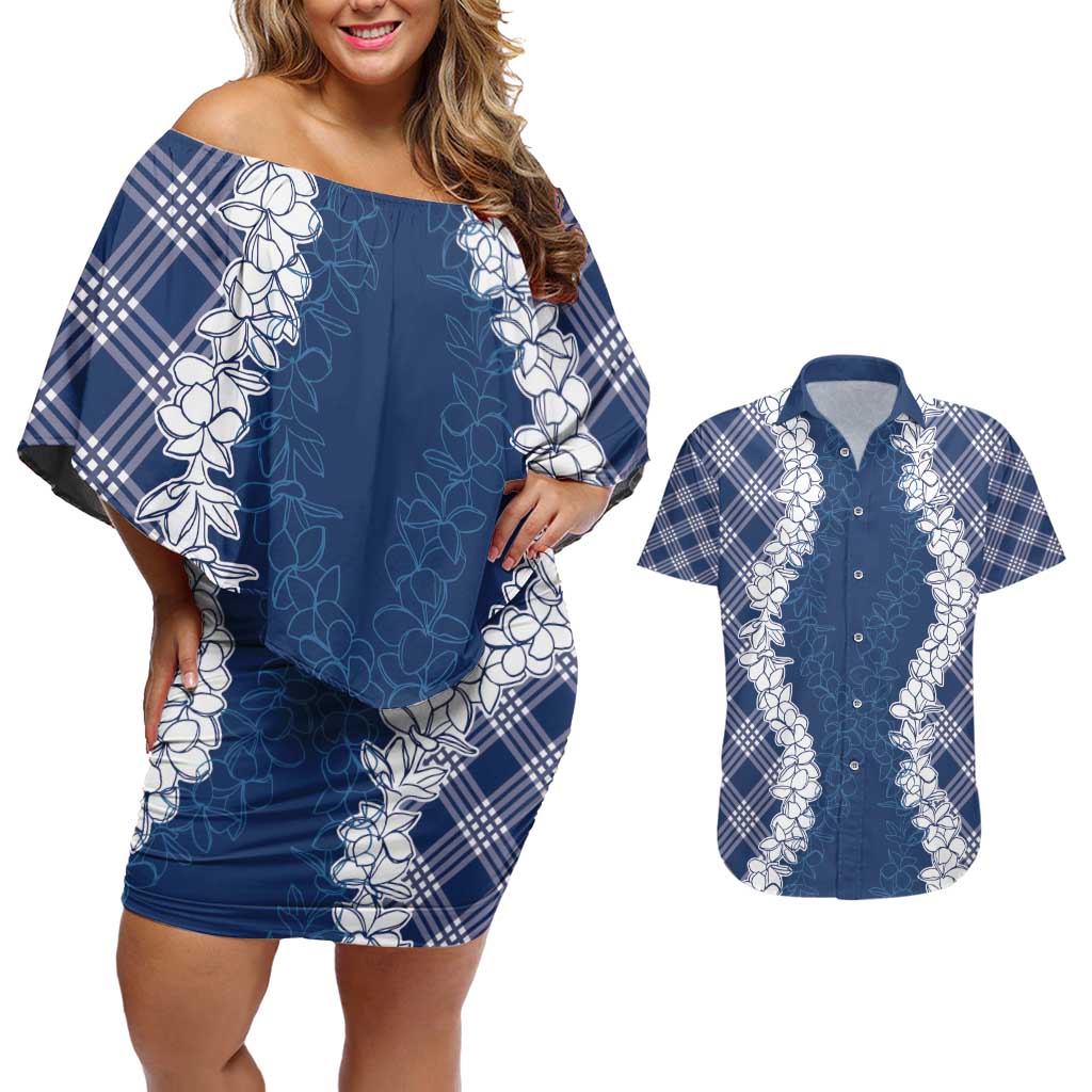 Hawaii Aloha Plumeria Lei Navy Palaka Couples Matching Off Shoulder Short Dress and Hawaiian Shirt LT7 Navy Blue - Polynesian Pride