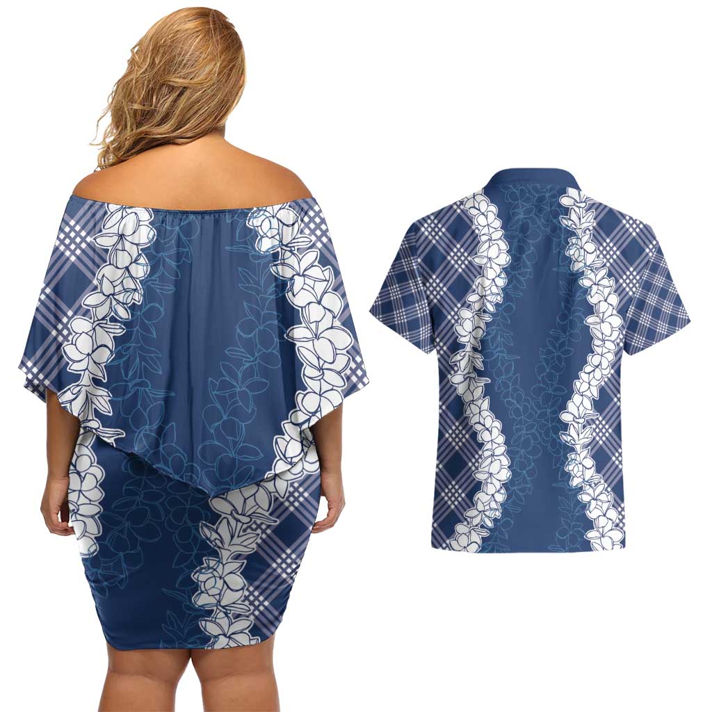 Hawaii Aloha Plumeria Lei Navy Palaka Couples Matching Off Shoulder Short Dress and Hawaiian Shirt LT7 - Polynesian Pride