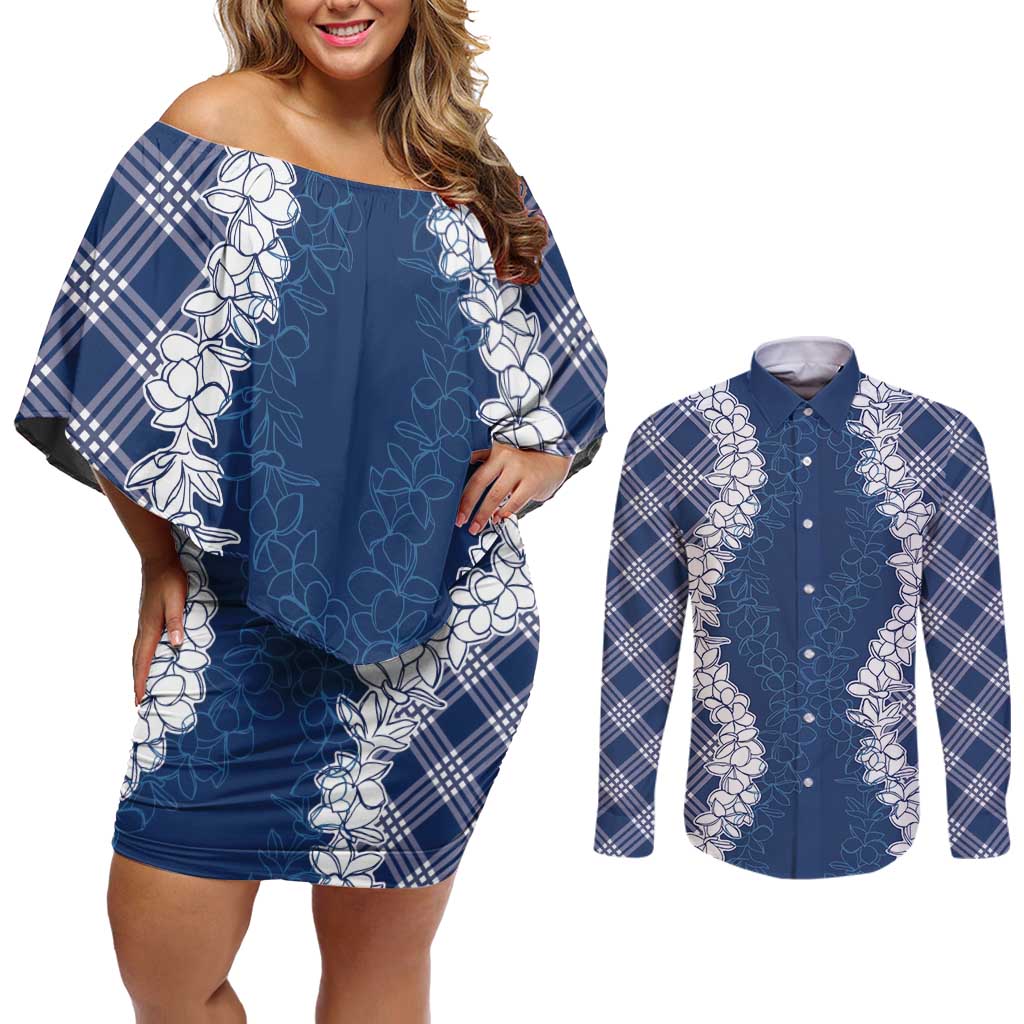Hawaii Aloha Plumeria Lei Navy Palaka Couples Matching Off Shoulder Short Dress and Long Sleeve Button Shirt LT7 Navy Blue - Polynesian Pride