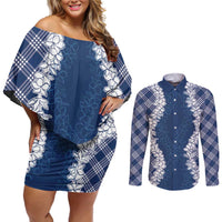Hawaii Aloha Plumeria Lei Navy Palaka Couples Matching Off Shoulder Short Dress and Long Sleeve Button Shirt LT7 Navy Blue - Polynesian Pride