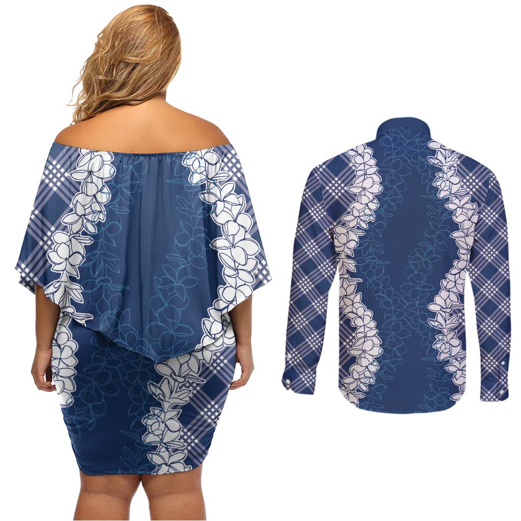 Hawaii Aloha Plumeria Lei Navy Palaka Couples Matching Off Shoulder Short Dress and Long Sleeve Button Shirt LT7 - Polynesian Pride