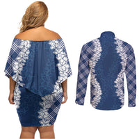 Hawaii Aloha Plumeria Lei Navy Palaka Couples Matching Off Shoulder Short Dress and Long Sleeve Button Shirt LT7 - Polynesian Pride