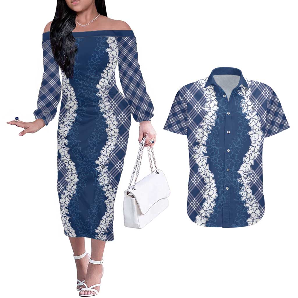 Hawaii Aloha Plumeria Lei Navy Palaka Couples Matching Off The Shoulder Long Sleeve Dress and Hawaiian Shirt LT7 Navy Blue - Polynesian Pride