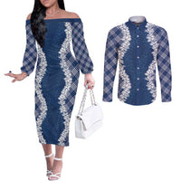 Hawaii Aloha Plumeria Lei Navy Palaka Couples Matching Off The Shoulder Long Sleeve Dress and Long Sleeve Button Shirt LT7 Navy Blue - Polynesian Pride