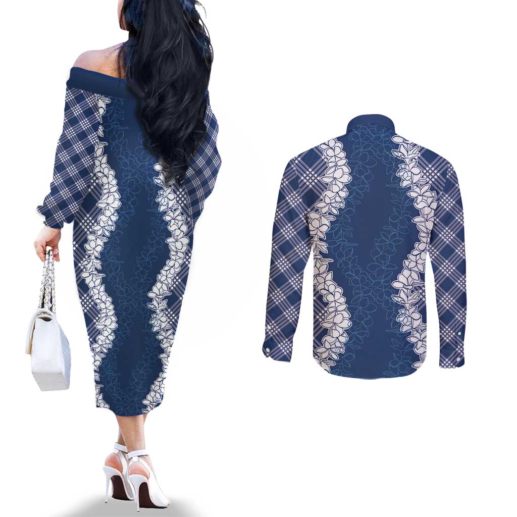 Hawaii Aloha Plumeria Lei Navy Palaka Couples Matching Off The Shoulder Long Sleeve Dress and Long Sleeve Button Shirt LT7 - Polynesian Pride