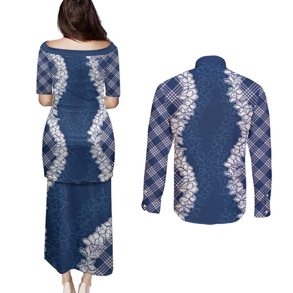 Hawaii Aloha Plumeria Lei Navy Palaka Couples Matching Puletasi and Long Sleeve Button Shirt - Polynesian Pride
