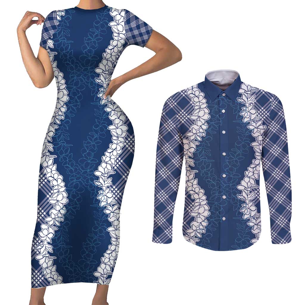 Hawaii Aloha Plumeria Lei Navy Palaka Couples Matching Short Sleeve Bodycon Dress and Long Sleeve Button Shirt LT7 Navy Blue - Polynesian Pride