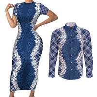 Hawaii Aloha Plumeria Lei Navy Palaka Couples Matching Short Sleeve Bodycon Dress and Long Sleeve Button Shirt LT7 Navy Blue - Polynesian Pride