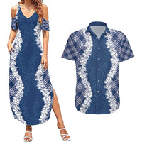 Hawaii Aloha Plumeria Lei Navy Palaka Couples Matching Summer Maxi Dress and Hawaiian Shirt LT7 Navy Blue - Polynesian Pride