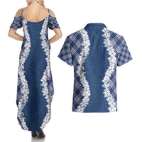 Hawaii Aloha Plumeria Lei Navy Palaka Couples Matching Summer Maxi Dress and Hawaiian Shirt LT7 - Polynesian Pride