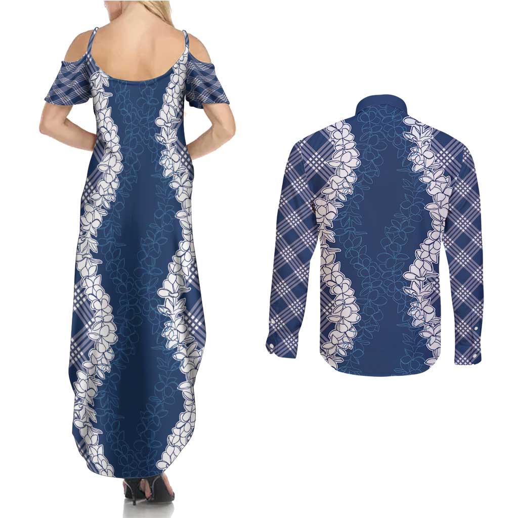 Hawaii Aloha Plumeria Lei Navy Palaka Couples Matching Summer Maxi Dress and Long Sleeve Button Shirt - Polynesian Pride