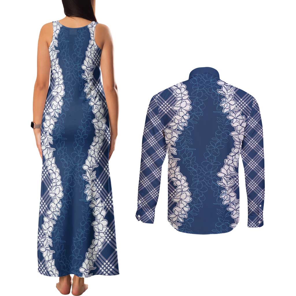 Hawaii Aloha Plumeria Lei Navy Palaka Couples Matching Tank Maxi Dress and Long Sleeve Button Shirt LT7 - Polynesian Pride