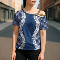 Hawaii Aloha Plumeria Lei Navy Palaka Cross Shoulder Shirt - Polynesian Pride