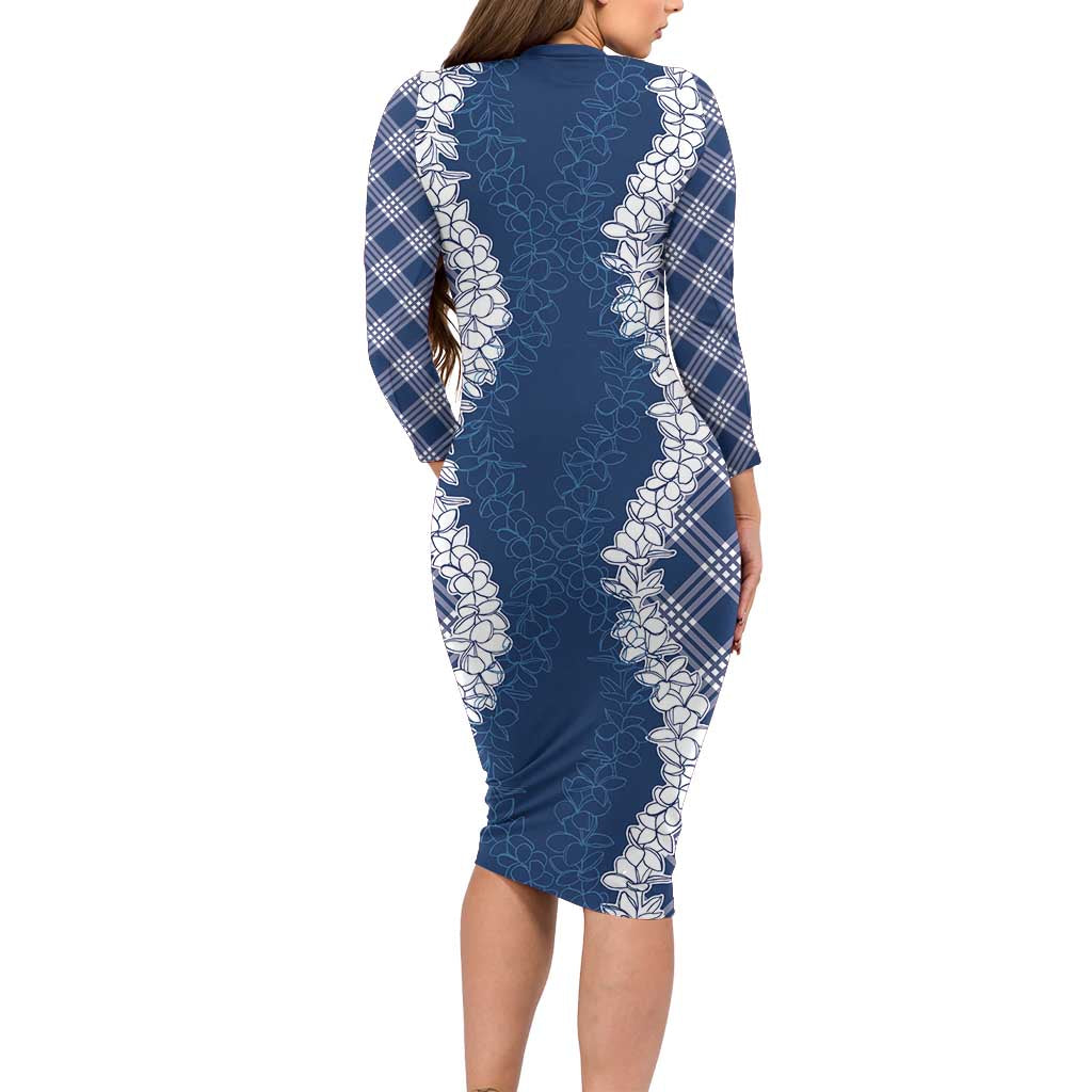 Hawaii Aloha Plumeria Lei Navy Palaka Family Matching Long Sleeve Bodycon Dress and Hawaiian Shirt LT7 - Polynesian Pride