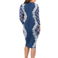 Hawaii Aloha Plumeria Lei Navy Palaka Family Matching Long Sleeve Bodycon Dress and Hawaiian Shirt LT7 - Polynesian Pride