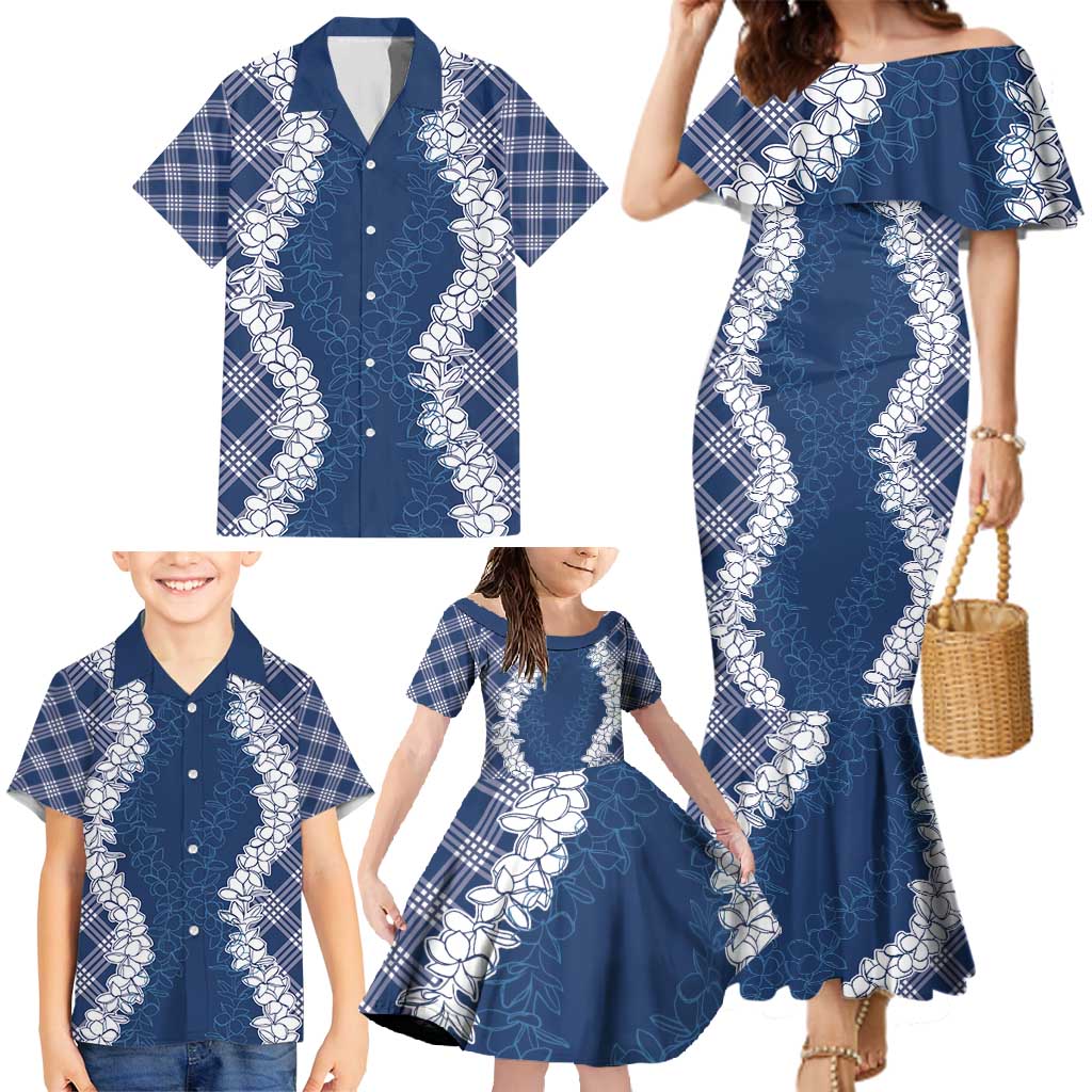 Hawaii Aloha Plumeria Lei Navy Palaka Family Matching Mermaid Dress and Hawaiian Shirt LT7 - Polynesian Pride