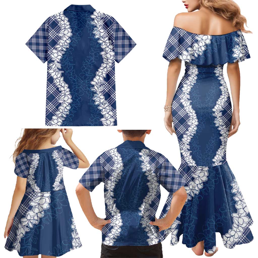 Hawaii Aloha Plumeria Lei Navy Palaka Family Matching Mermaid Dress and Hawaiian Shirt LT7 - Polynesian Pride
