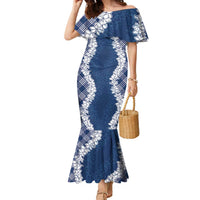 Hawaii Aloha Plumeria Lei Navy Palaka Family Matching Mermaid Dress and Hawaiian Shirt LT7 Mom's Dress Navy Blue - Polynesian Pride