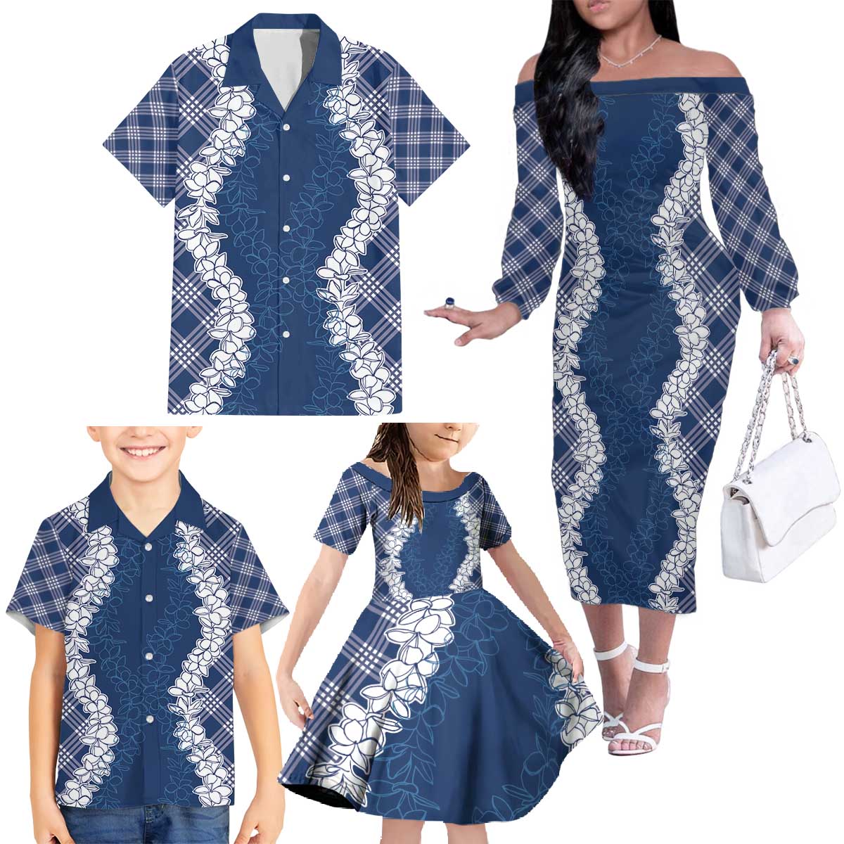 Hawaii Aloha Plumeria Lei Navy Palaka Family Matching Off The Shoulder Long Sleeve Dress and Hawaiian Shirt LT7 - Polynesian Pride