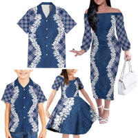 Hawaii Aloha Plumeria Lei Navy Palaka Family Matching Off The Shoulder Long Sleeve Dress and Hawaiian Shirt LT7 - Polynesian Pride