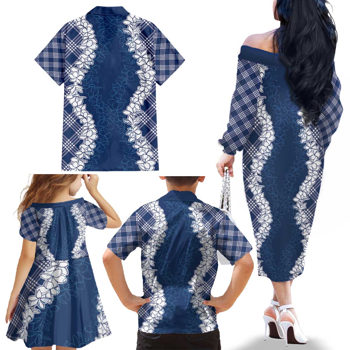 Hawaii Aloha Plumeria Lei Navy Palaka Family Matching Off The Shoulder Long Sleeve Dress and Hawaiian Shirt LT7 - Polynesian Pride