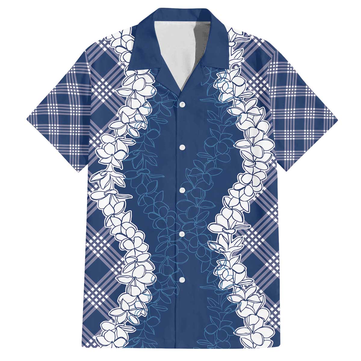 Hawaii Aloha Plumeria Lei Navy Palaka Family Matching Off The Shoulder Long Sleeve Dress and Hawaiian Shirt LT7 Dad's Shirt - Short Sleeve Navy Blue - Polynesian Pride