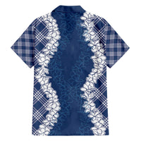 Hawaii Aloha Plumeria Lei Navy Palaka Family Matching Off The Shoulder Long Sleeve Dress and Hawaiian Shirt LT7 - Polynesian Pride
