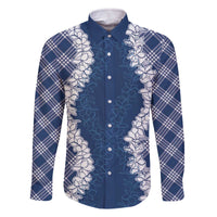 Hawaii Aloha Plumeria Lei Navy Palaka Family Matching Off The Shoulder Long Sleeve Dress and Hawaiian Shirt LT7 Dad's Shirt - Long Sleeve Navy Blue - Polynesian Pride