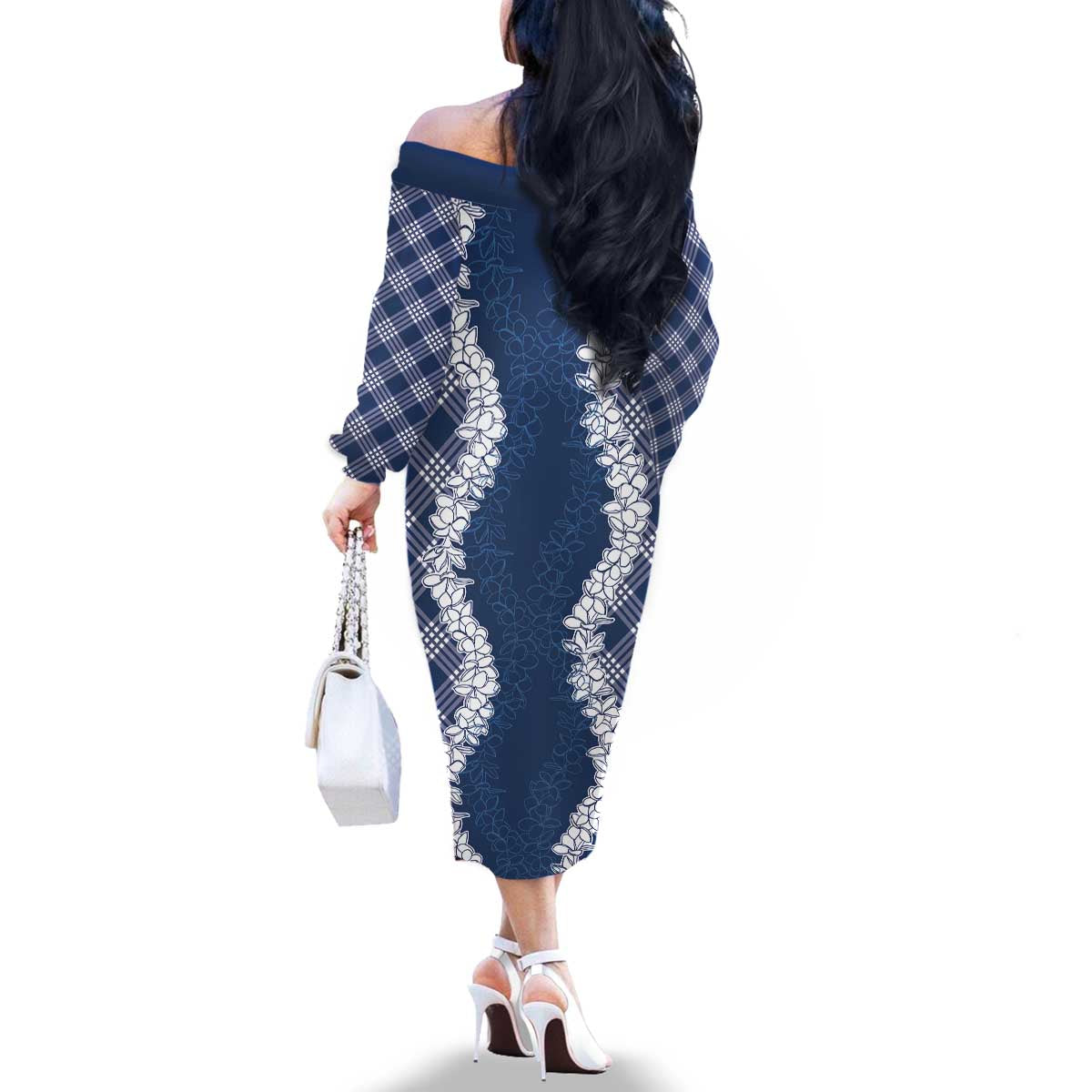 Hawaii Aloha Plumeria Lei Navy Palaka Family Matching Off The Shoulder Long Sleeve Dress and Hawaiian Shirt LT7 - Polynesian Pride