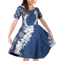 Hawaii Aloha Plumeria Lei Navy Palaka Family Matching Off Shoulder Short Dress and Hawaiian Shirt LT7 Daughter's Dress Navy Blue - Polynesian Pride
